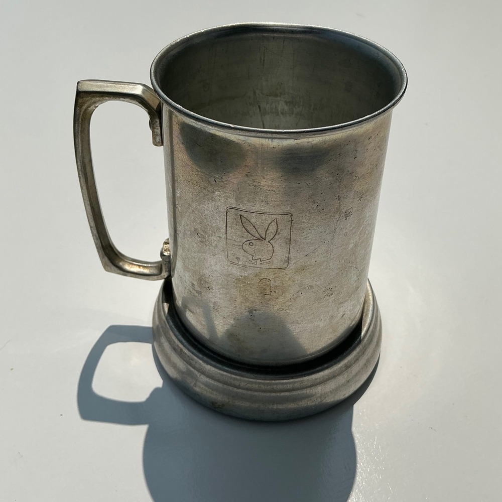 Vintage Playboy Bunny Metal Beer Stein Glass Bottom Tankard Silver Tone Barware